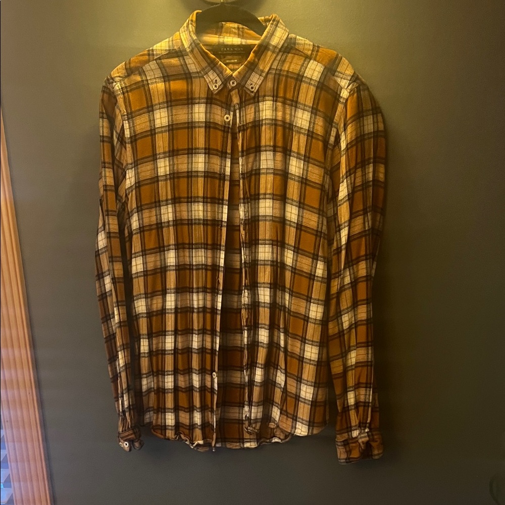 Zara Men's Plaid Shirt in Brown and White